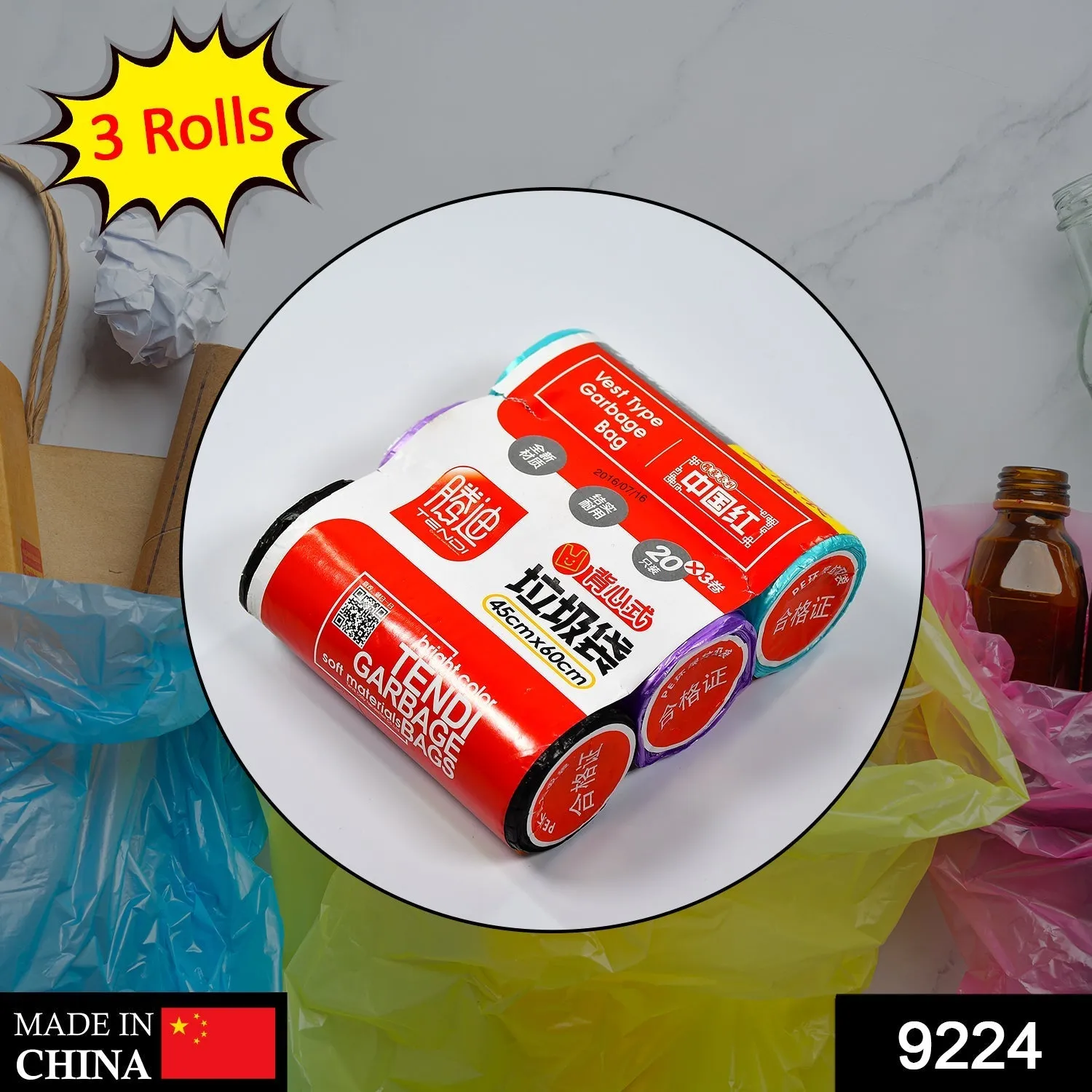 9224 Multi color 3Roll Garbage Bags / Dustbin Bags / Trash Bags 45x60cm