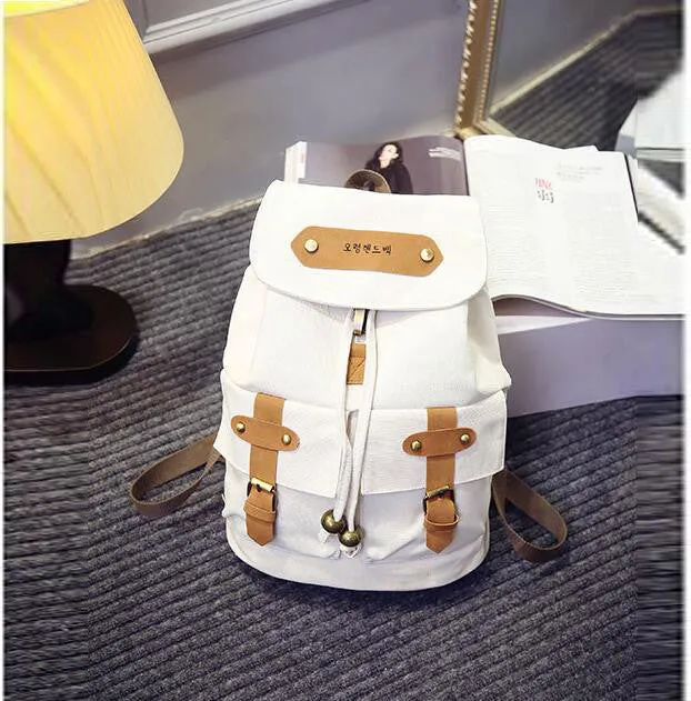 Belt Fastener Solid Color Canvas Backpack School Bag