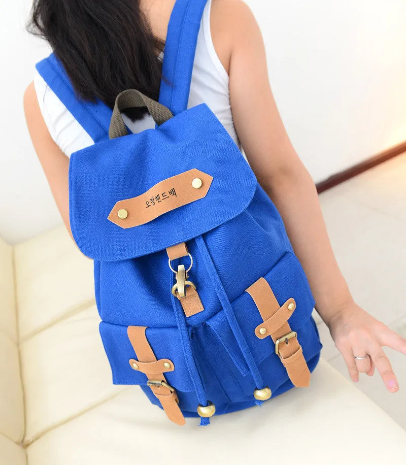 Belt Fastener Solid Color Canvas Backpack School Bag