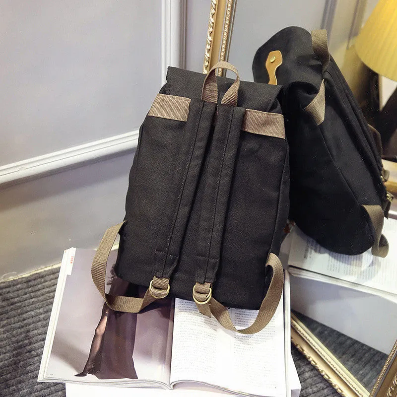 Belt Fastener Solid Color Canvas Backpack School Bag