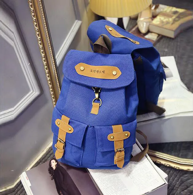 Belt Fastener Solid Color Canvas Backpack School Bag