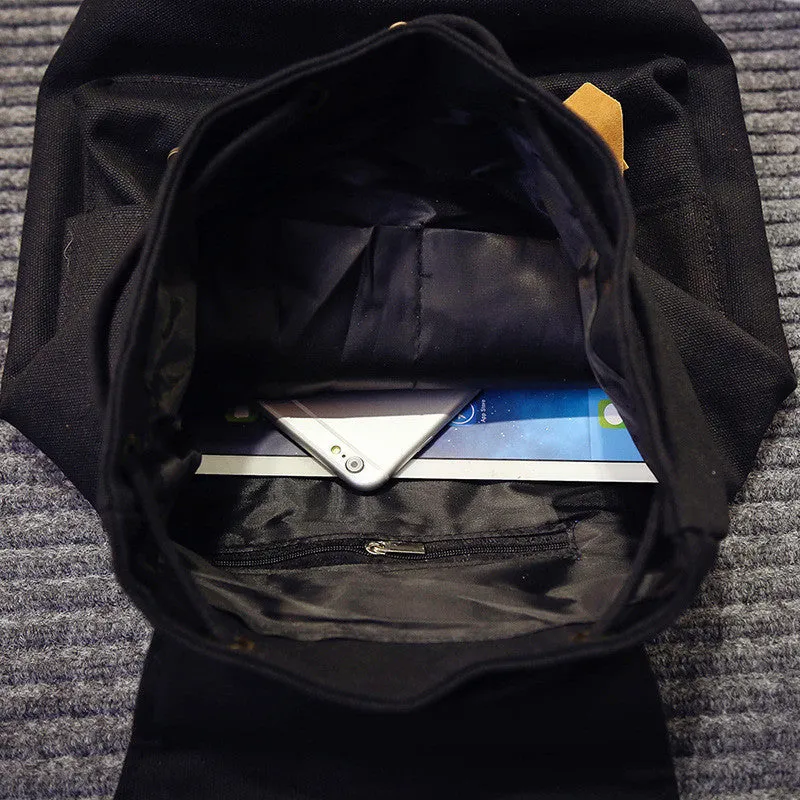 Belt Fastener Solid Color Canvas Backpack School Bag
