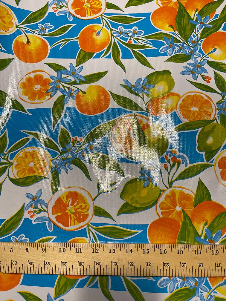 Bright Blue Stripe Fruit Oilcloth Fabric