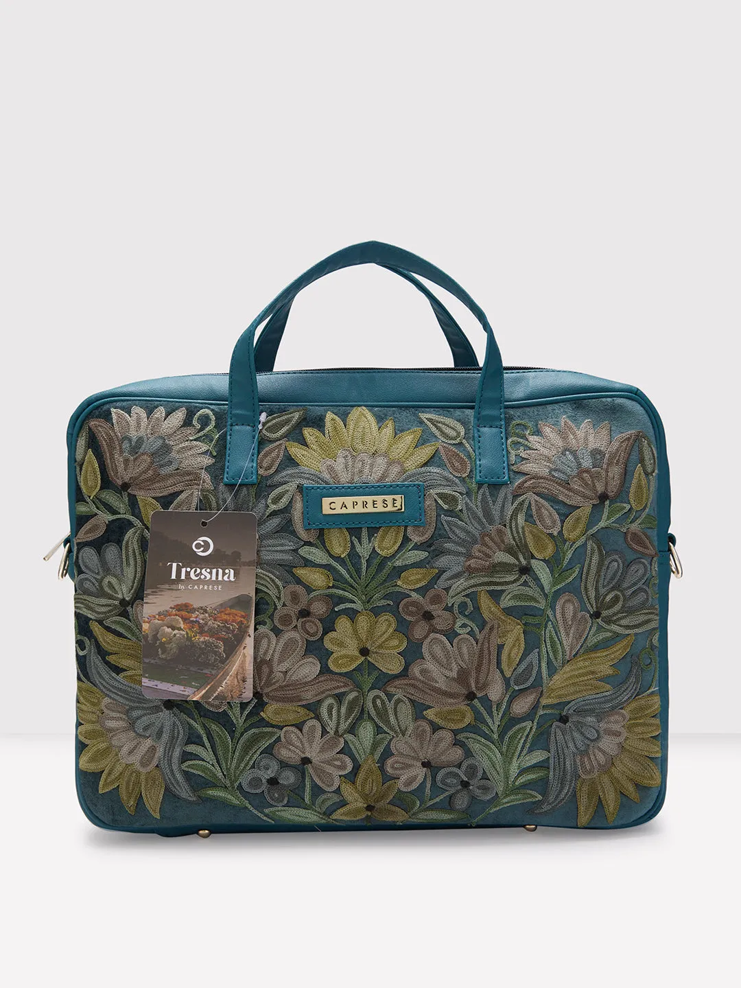 Caprese Tresna Embroidery Laptop Tote Handbag Green