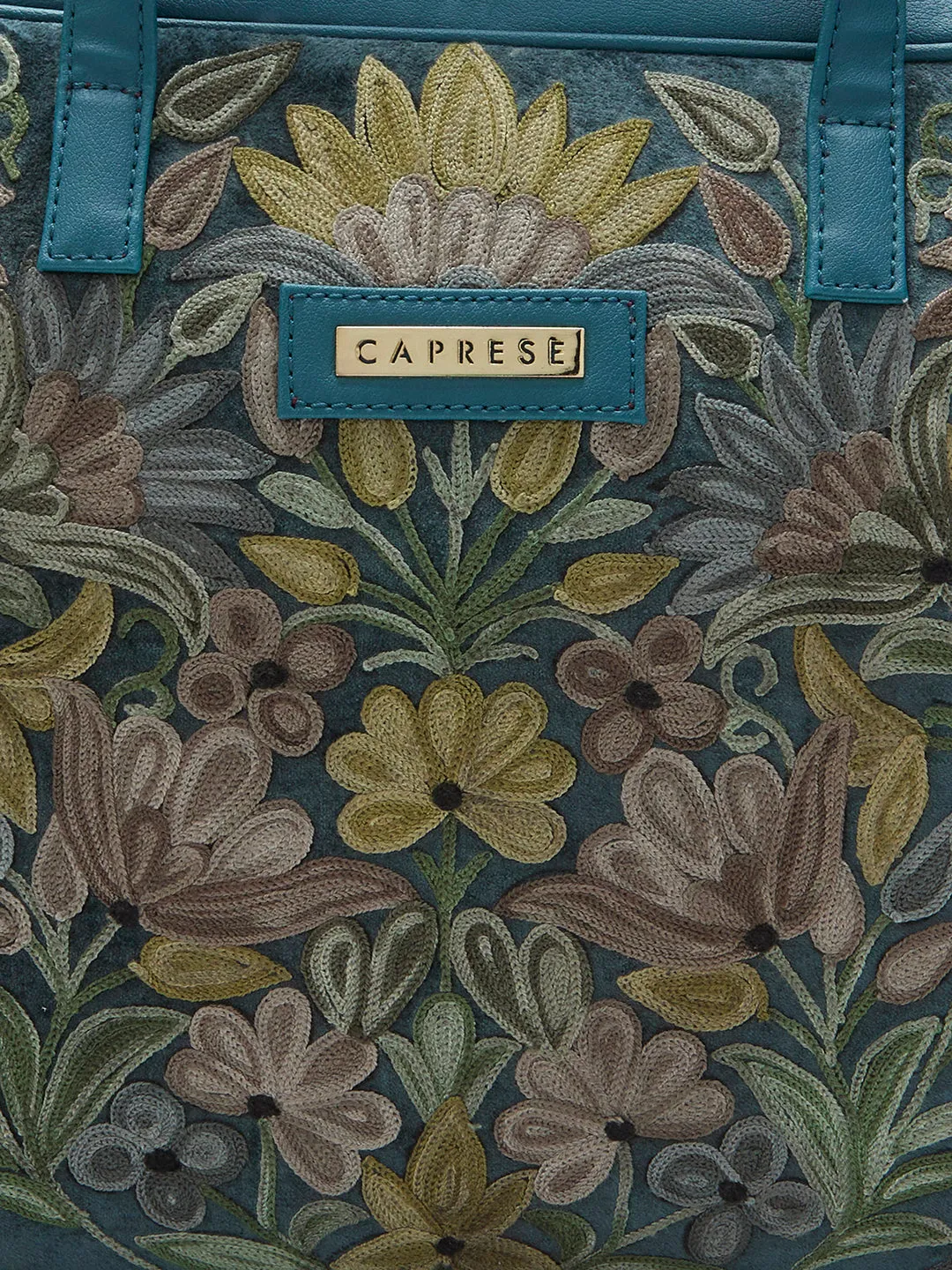 Caprese Tresna Embroidery Laptop Tote Handbag Green