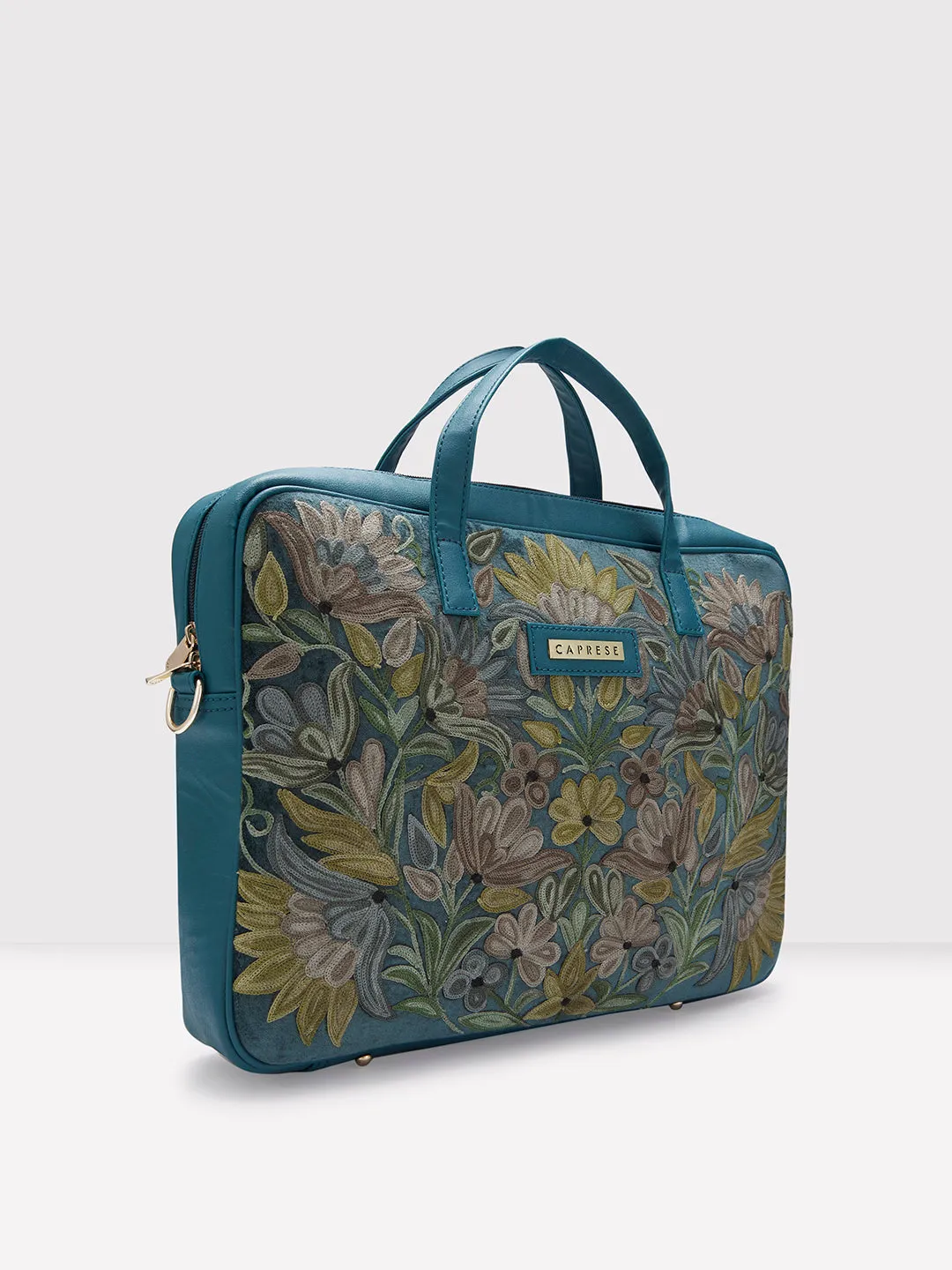 Caprese Tresna Embroidery Laptop Tote Handbag Green