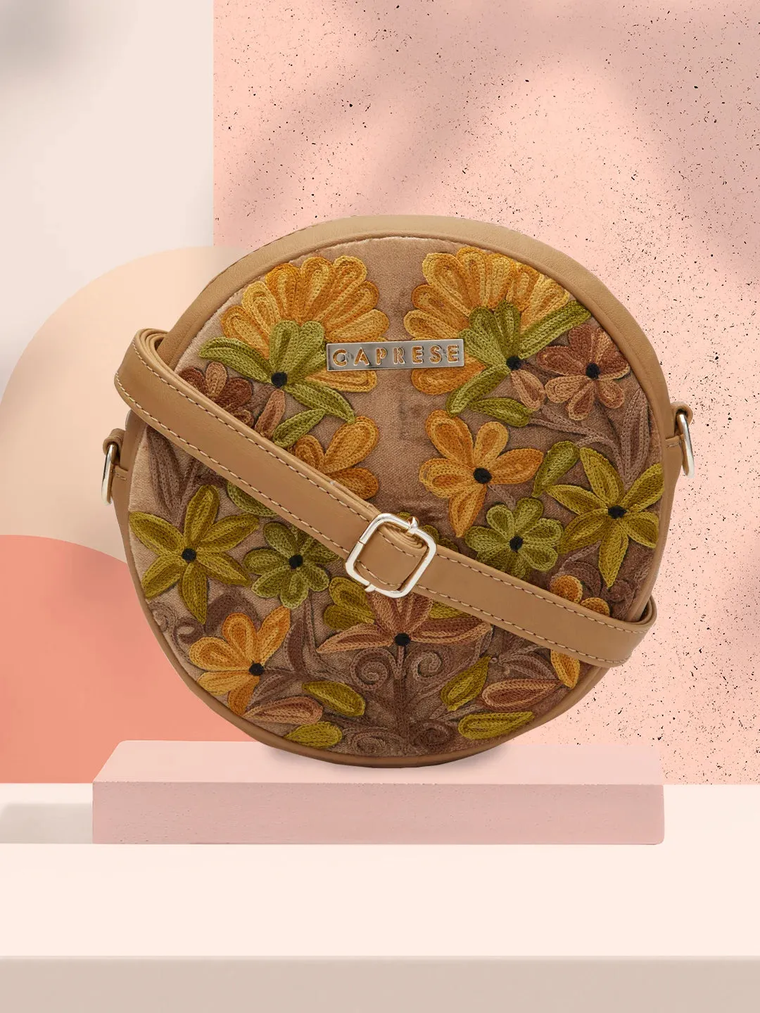 Caprese Tresna Embroidery Medium Sling Handbag Fawn