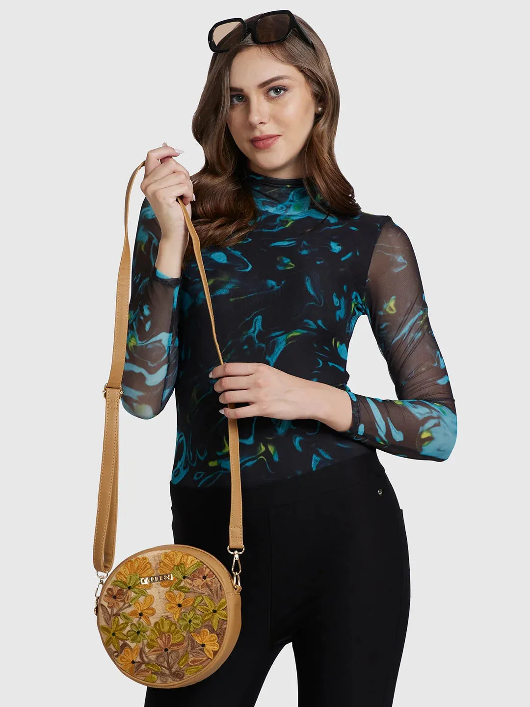 Caprese Tresna Embroidery Medium Sling Handbag Fawn