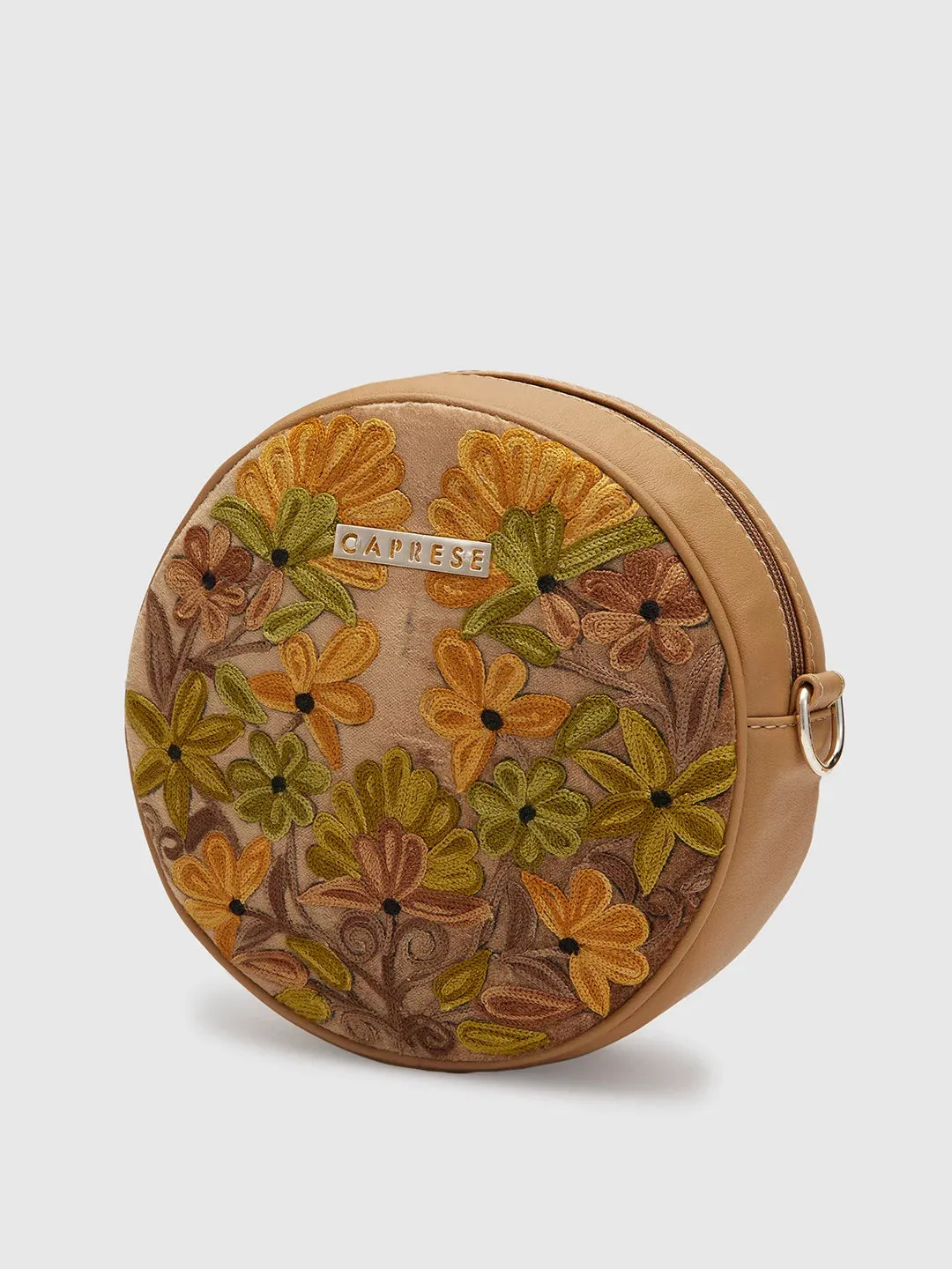 Caprese Tresna Embroidery Medium Sling Handbag Fawn