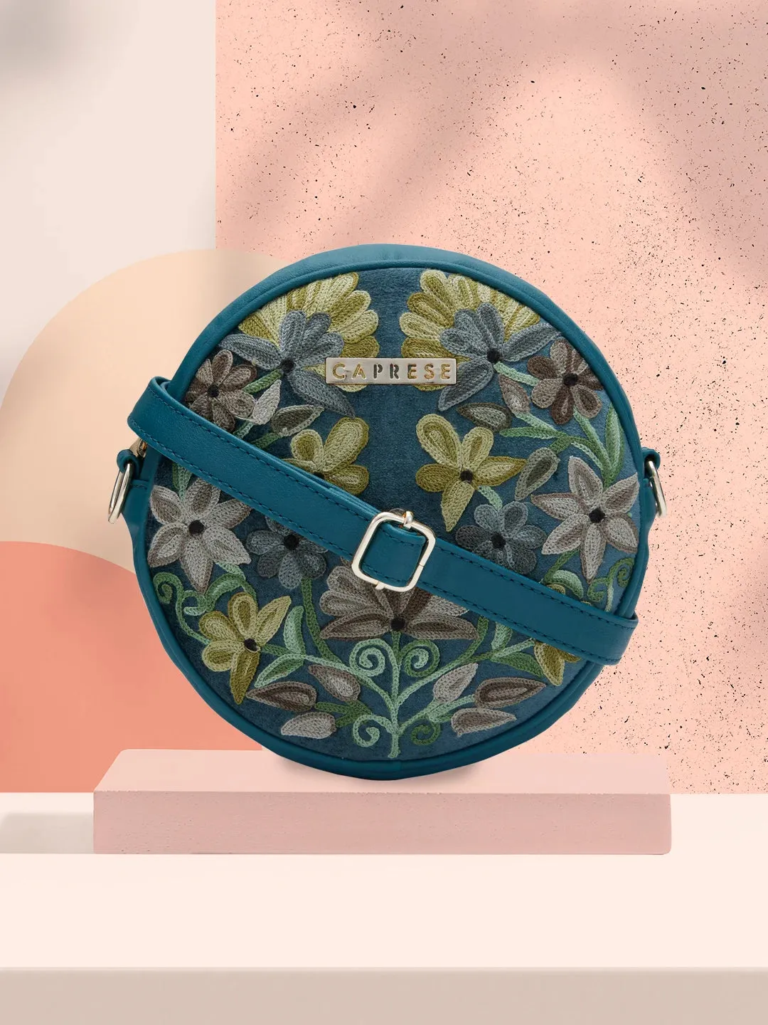 Caprese Tresna Embroidery Medium Sling Handbag Green