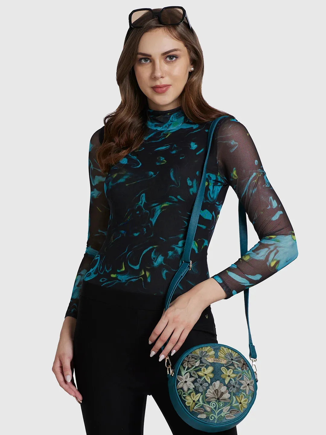 Caprese Tresna Embroidery Medium Sling Handbag Green