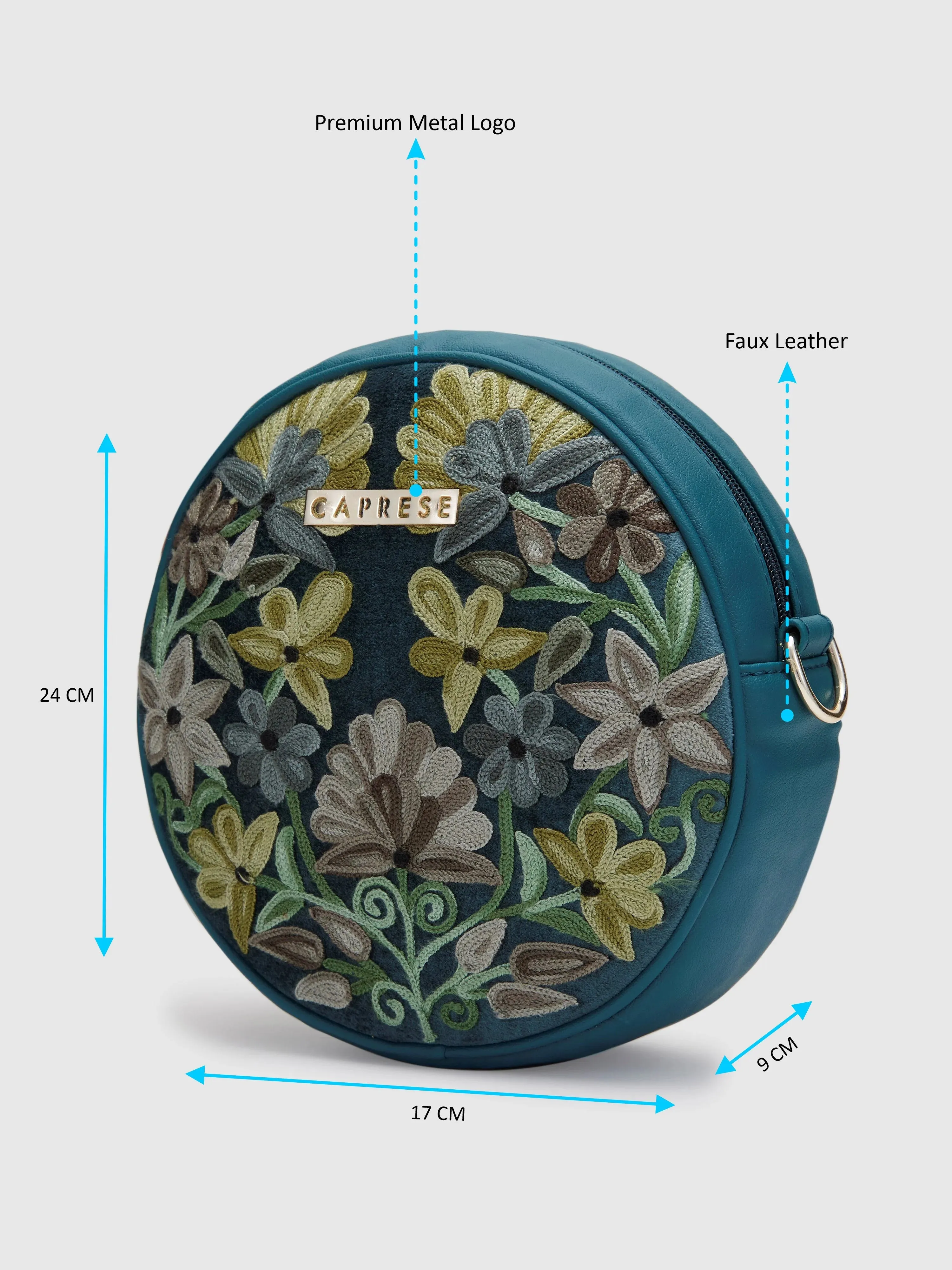 Caprese Tresna Embroidery Medium Sling Handbag Green