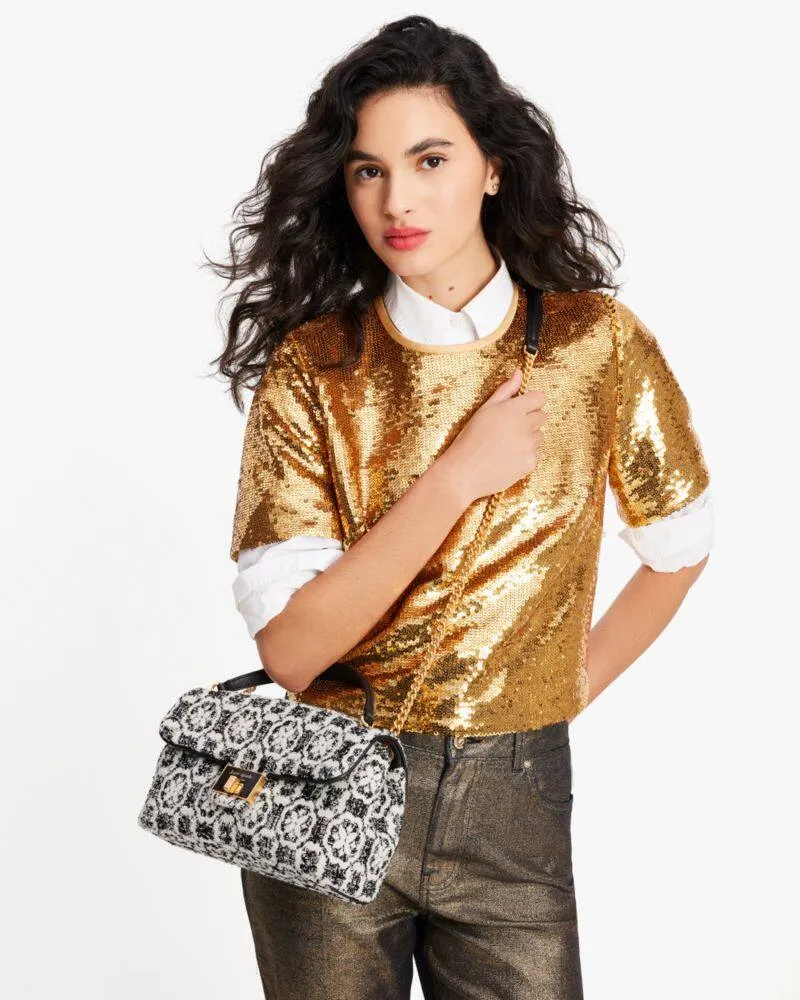 EVELYN SPADE FLOWER MONOGRAM TWEED MEDIUM CONVERTIBLE SHOULDER BAG
