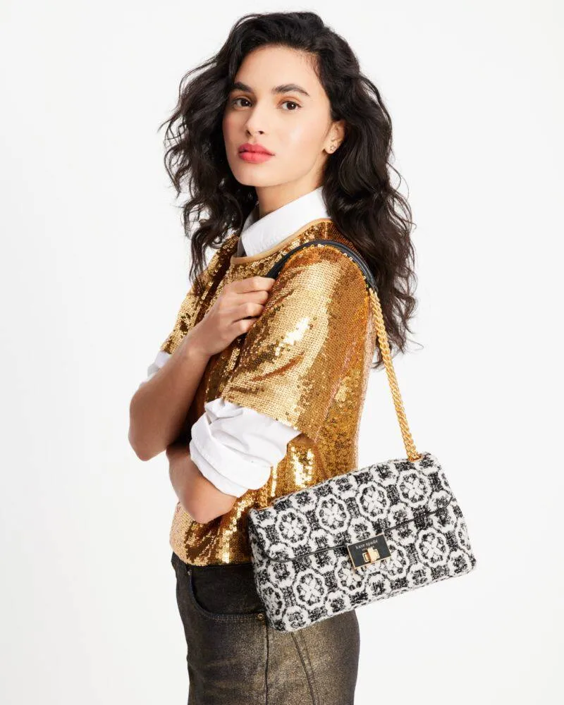 EVELYN SPADE FLOWER MONOGRAM TWEED MEDIUM CONVERTIBLE SHOULDER BAG