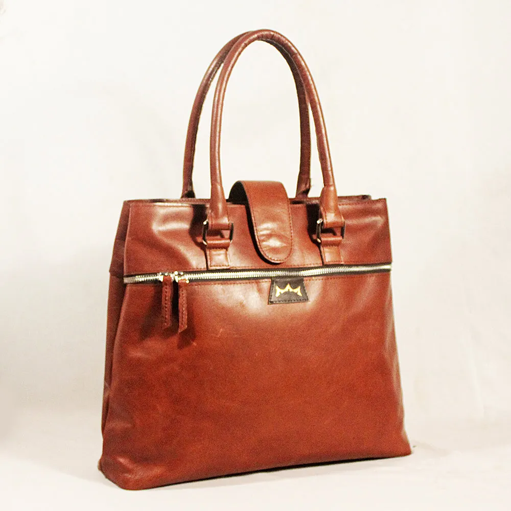 Leather Handbag Double Zip - Brown