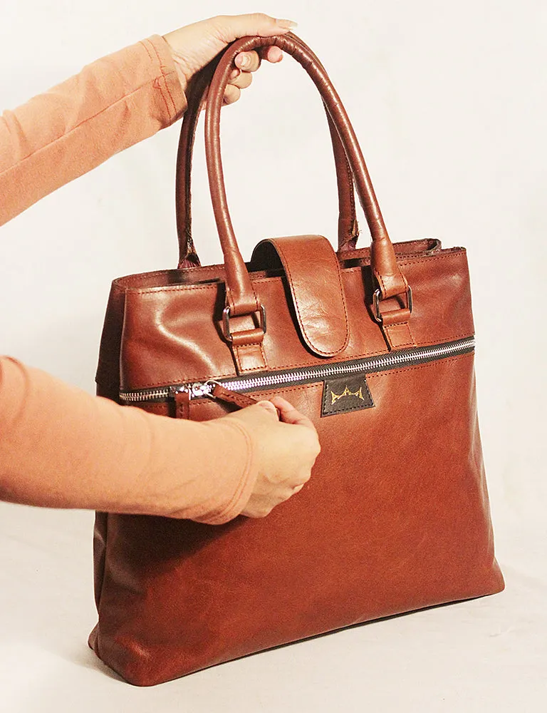Leather Handbag Double Zip - Brown