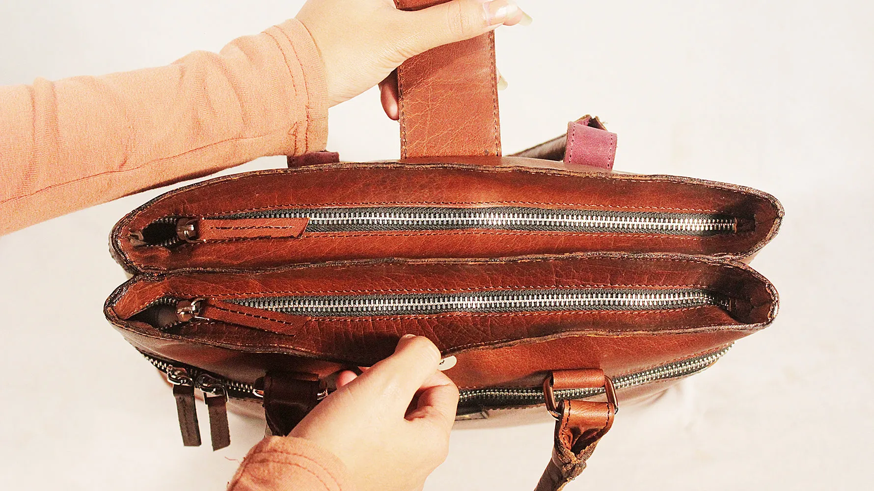 Leather Handbag Double Zip - Brown
