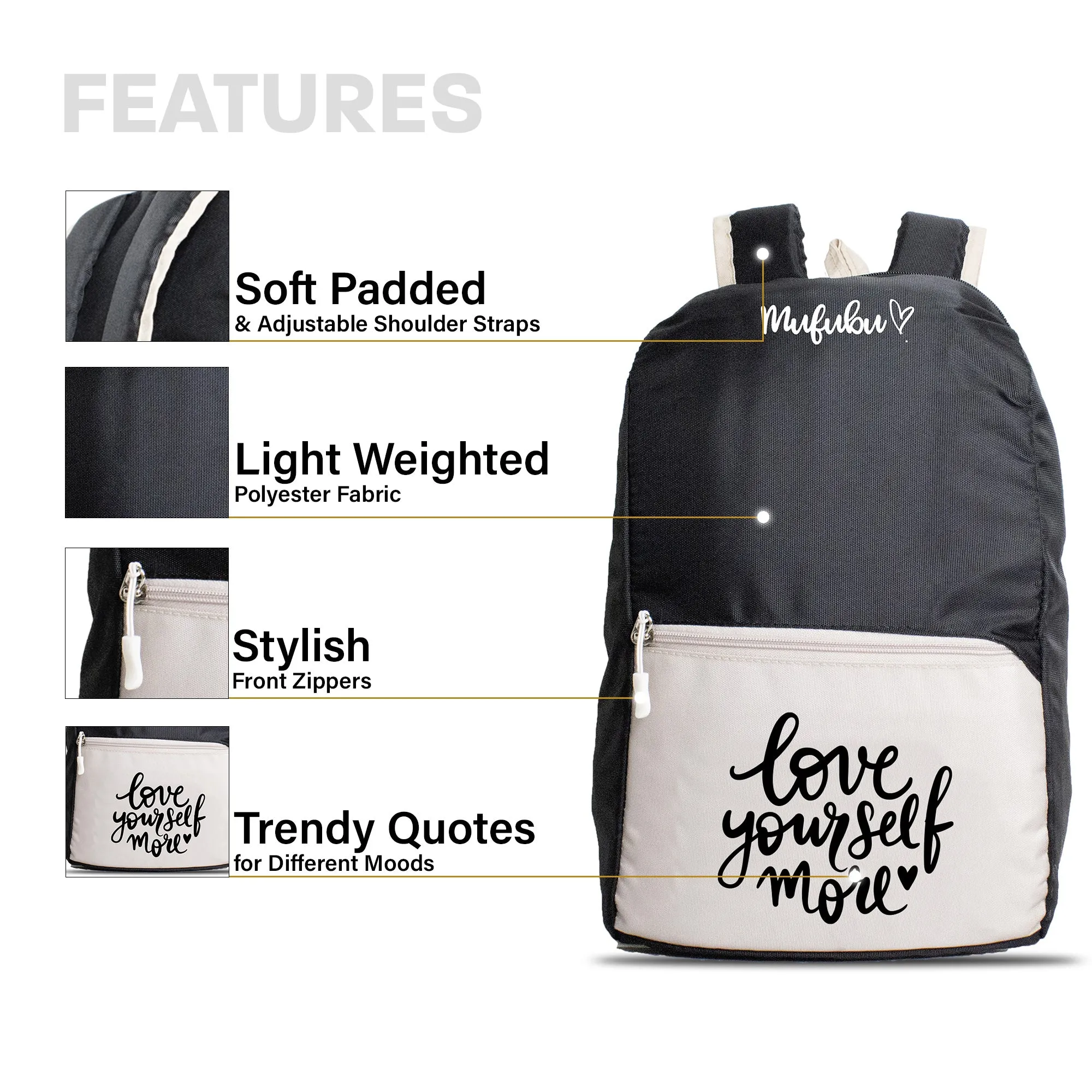 Nano Backpack 15 Ltr Love Yourself More Black   Beige