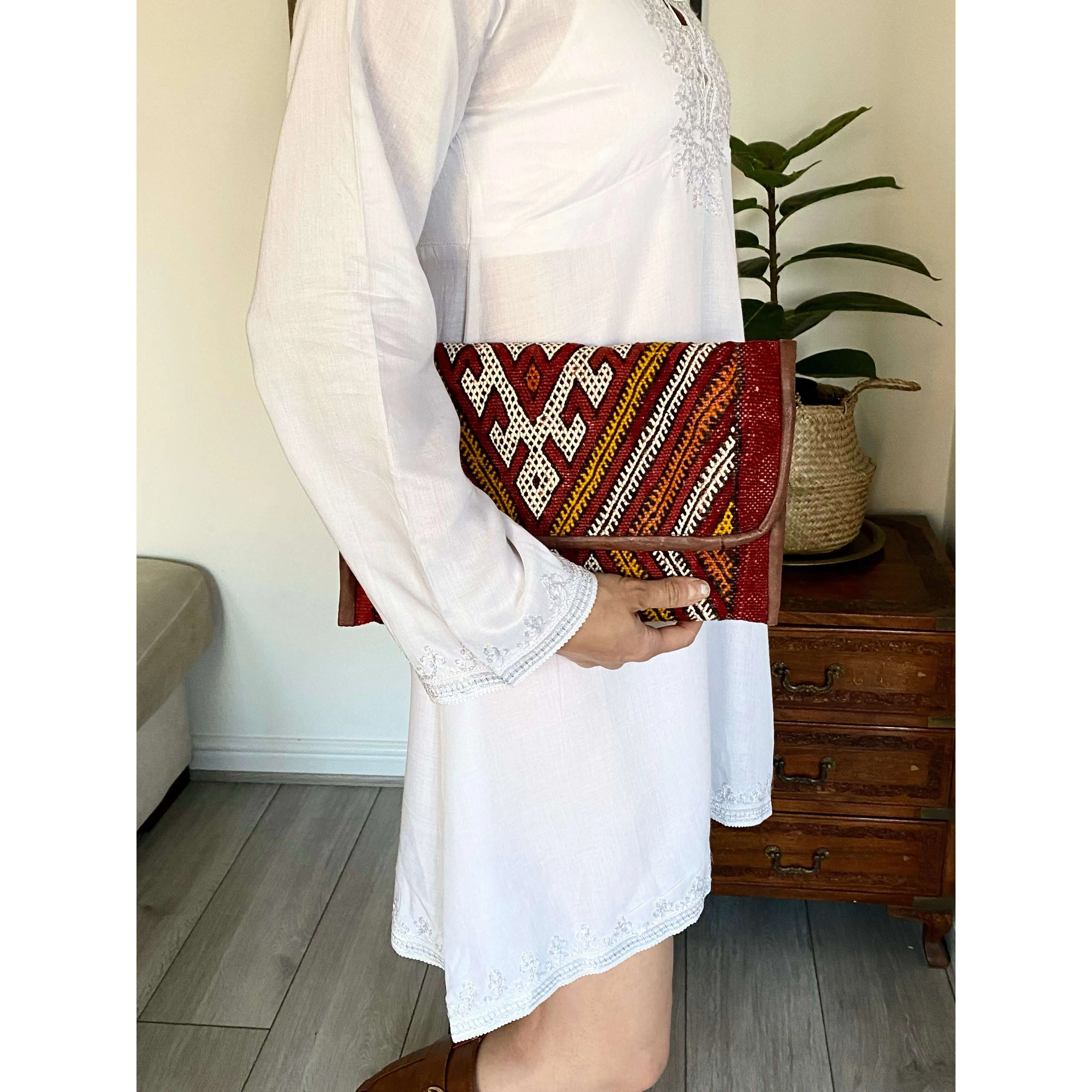 Red Moroccan  Kilim Hand Clutch & Shoulder Bag No.3