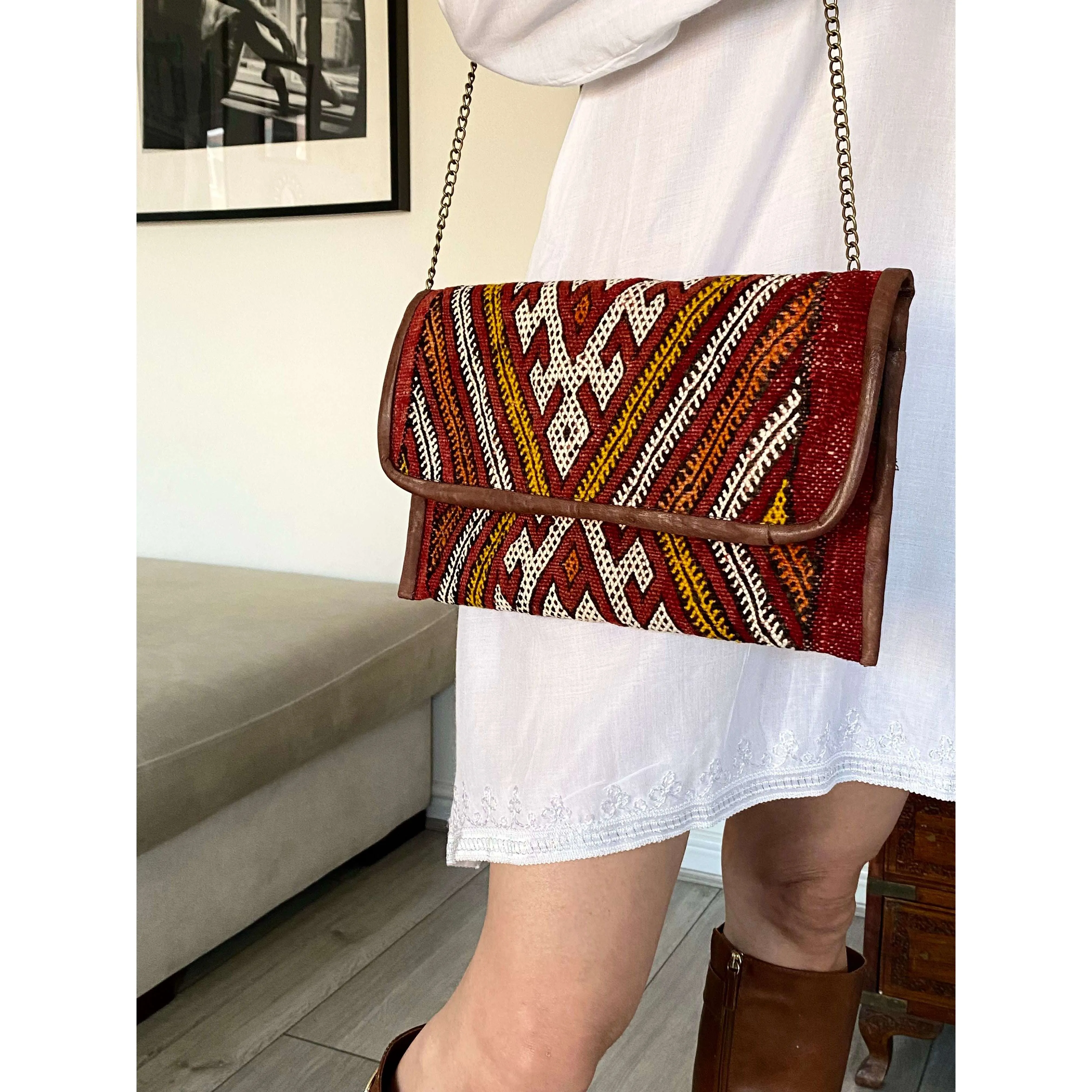 Red Moroccan  Kilim Hand Clutch & Shoulder Bag No.3