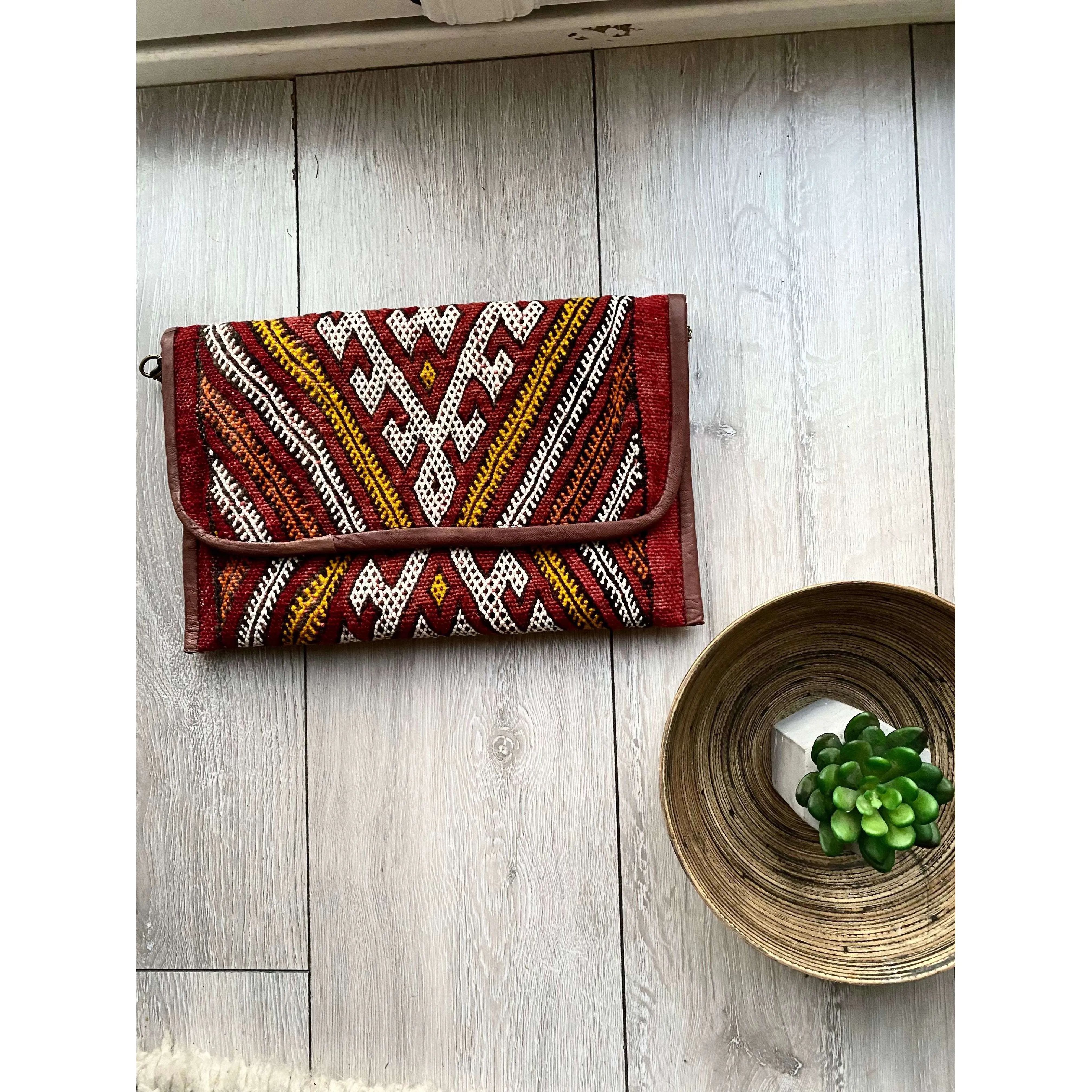 Red Moroccan  Kilim Hand Clutch & Shoulder Bag No.3