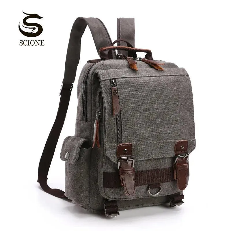 Scione Small Canvas Backpack Men Travel Back Pack Multifunctional Shoulder Bag
