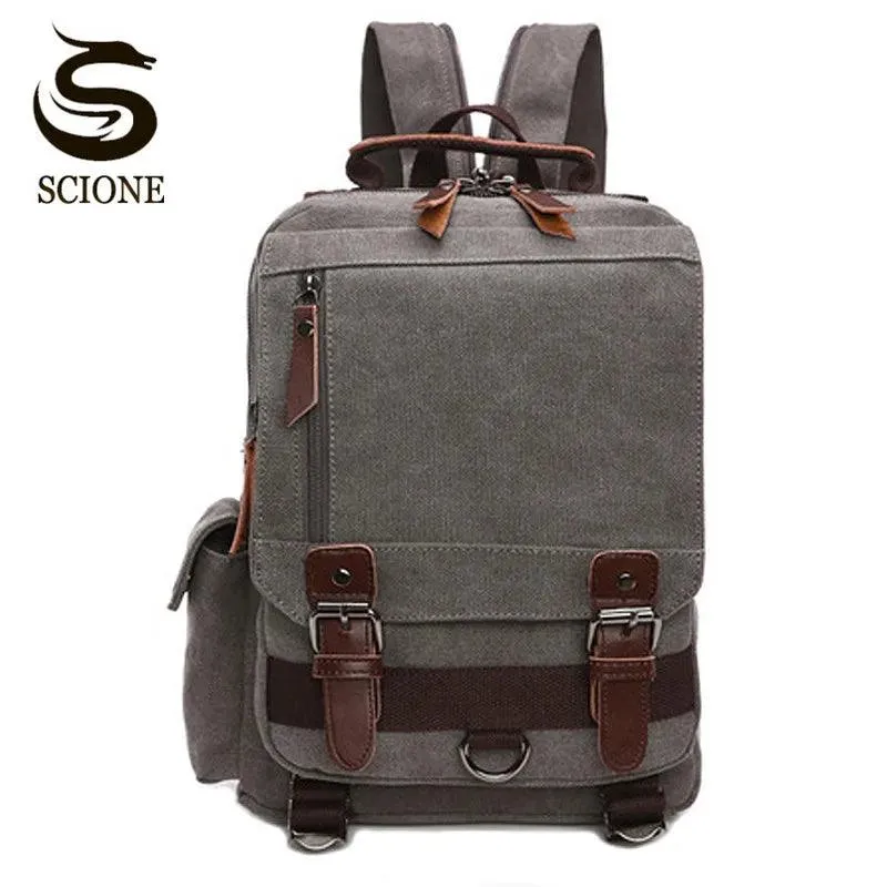 Scione Small Canvas Backpack Men Travel Back Pack Multifunctional Shoulder Bag
