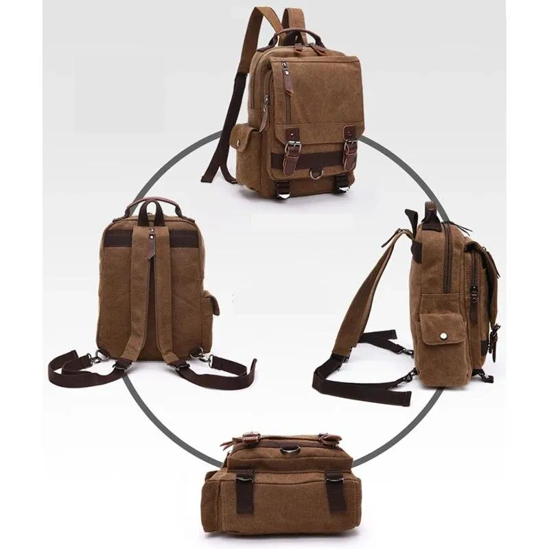 Scione Small Canvas Backpack Men Travel Back Pack Multifunctional Shoulder Bag