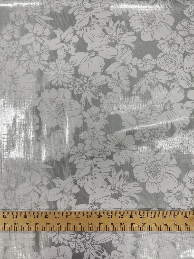 Silver White Floral Oilcloth Fabric
