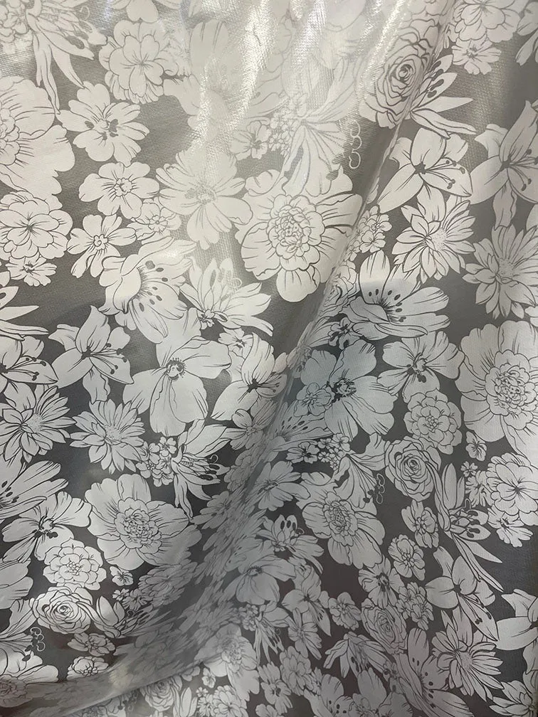 Silver White Floral Oilcloth Fabric