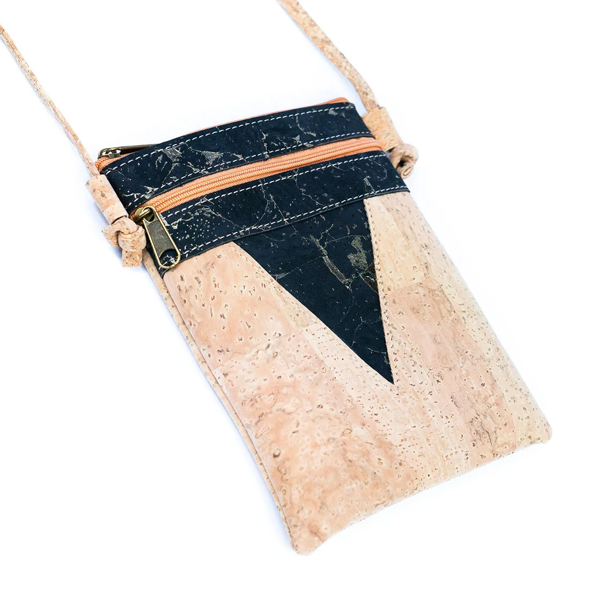 Triangle-Cut Natural Cork Women's Crossbody Bag with 2 Zipper Compartments BAGP-272-MIX-4 (4units)