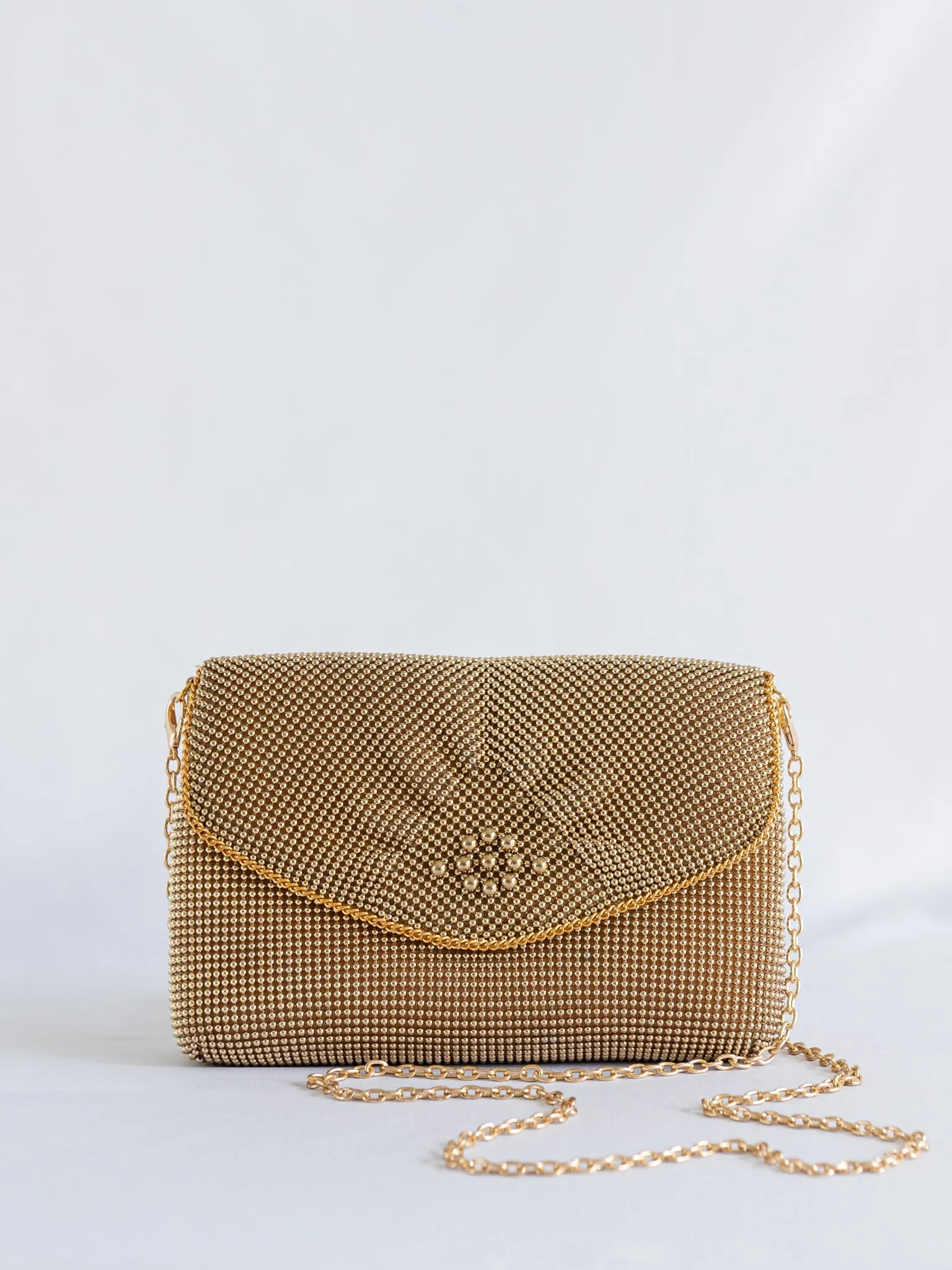 Vintage Flap Design Gold Beaded Chain Shoulder Strap Clutch
