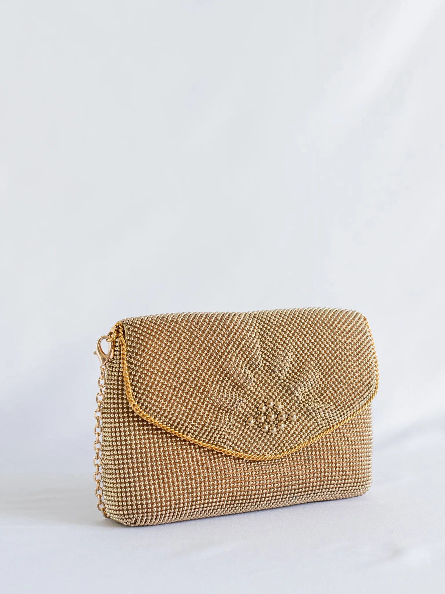 Vintage Flap Design Gold Beaded Chain Shoulder Strap Clutch