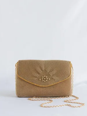 Vintage Flap Design Gold Beaded Chain Shoulder Strap Clutch