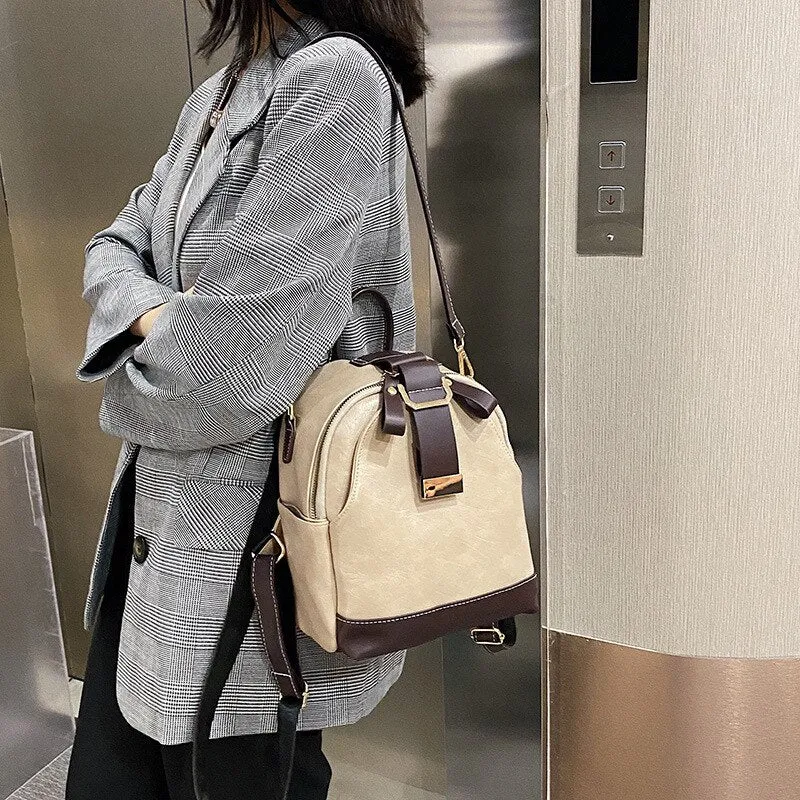Vintage patchwork women backpack small Luxury design female shoulder bag ladies Totes PU leather schoolbag backpacks bagpack